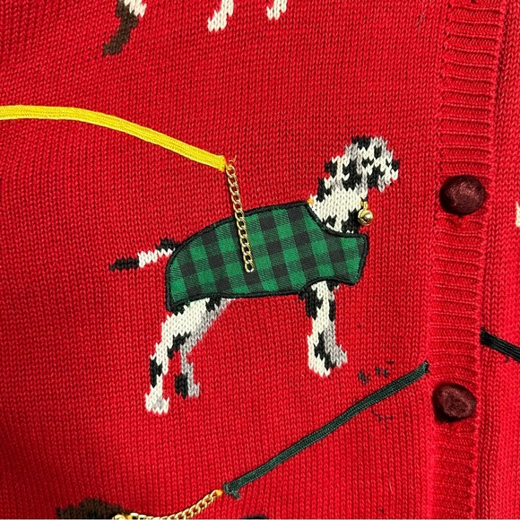 Vintage Susan Bristol 1995 Dogs on Leashes w Bells Red Button Front Cardigan XL - Picture 5 of 6